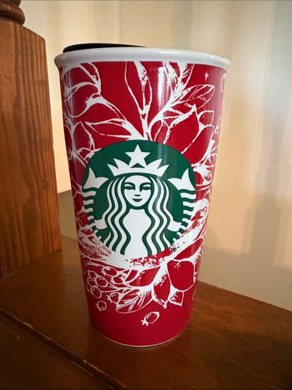 Starbucks 2016 Holiday Ceramic Red &White bird & berries Tumbler with Green Logo